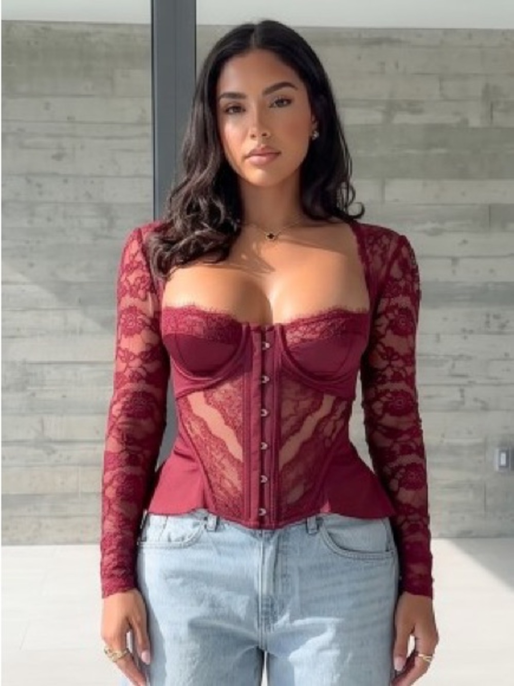 Lace Corset Long-Sleeve Top in Wine